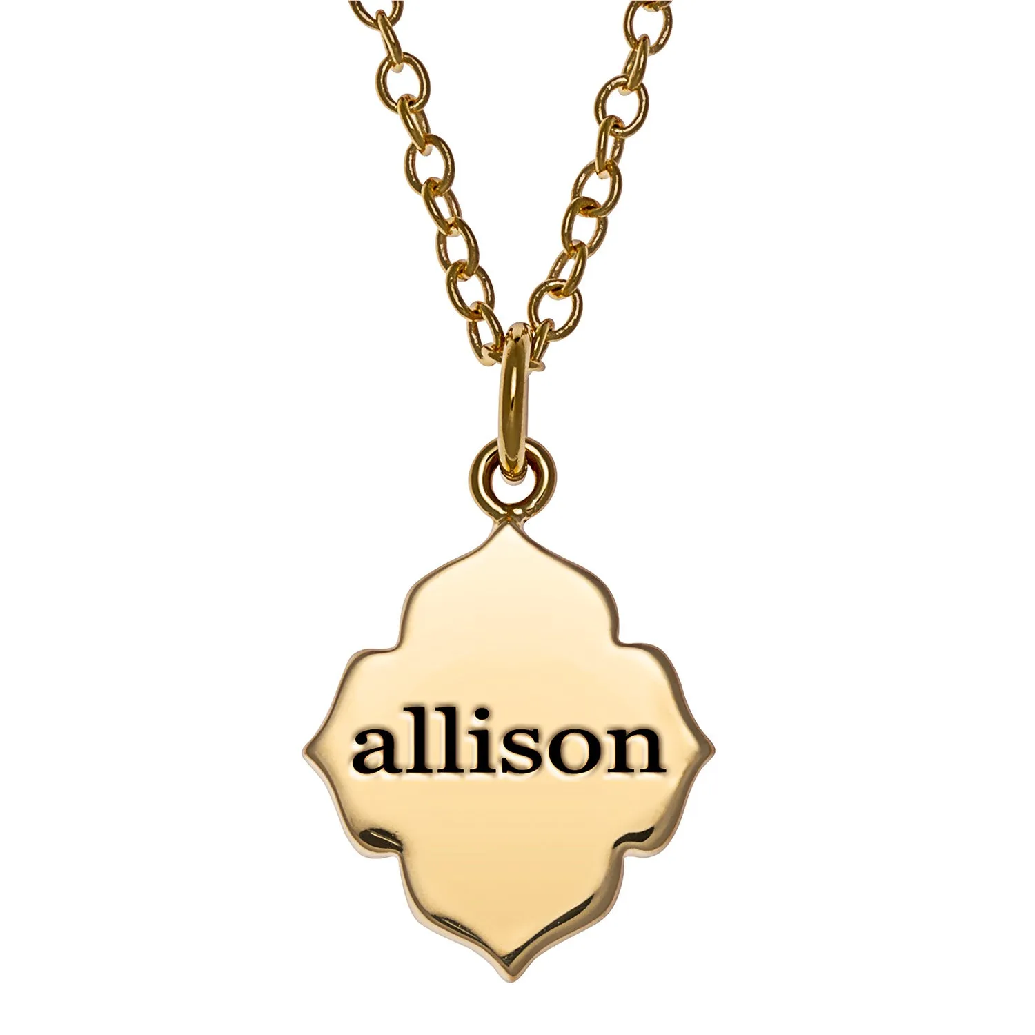 14K Gold over Sterling Clover Leaf Engraved Name Pendant sold by Limoges Jewelry