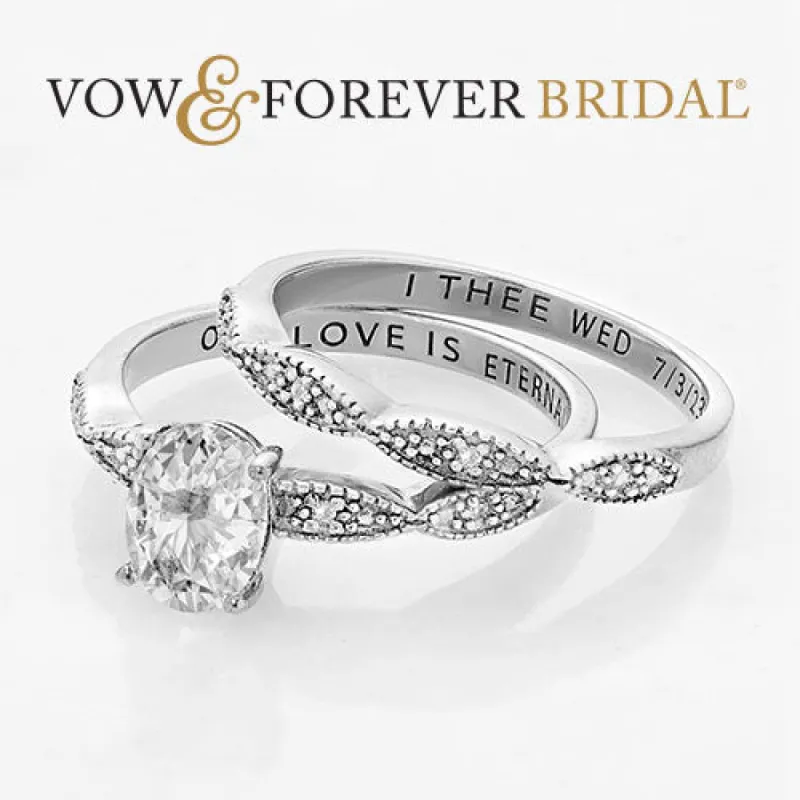 Platinum over Sterling Oval White Topaz Diamond Accent 2-Piece Engraved Wedding Ring Set sold by Limoges Jewelry