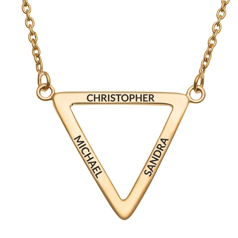 14K Gold over Sterling Engraved Names Triangle Pendant sold by Limoges Jewelry