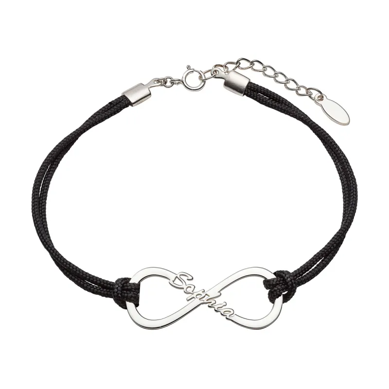 Sterling Silver Personalized Name Infinity with Black Cord Bracelet sold by Limoges Jewelry