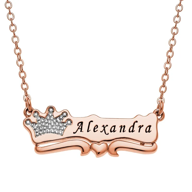 Two Tone Engraved Name with Crown Plaque Necklace sold by Limoges Jewelry