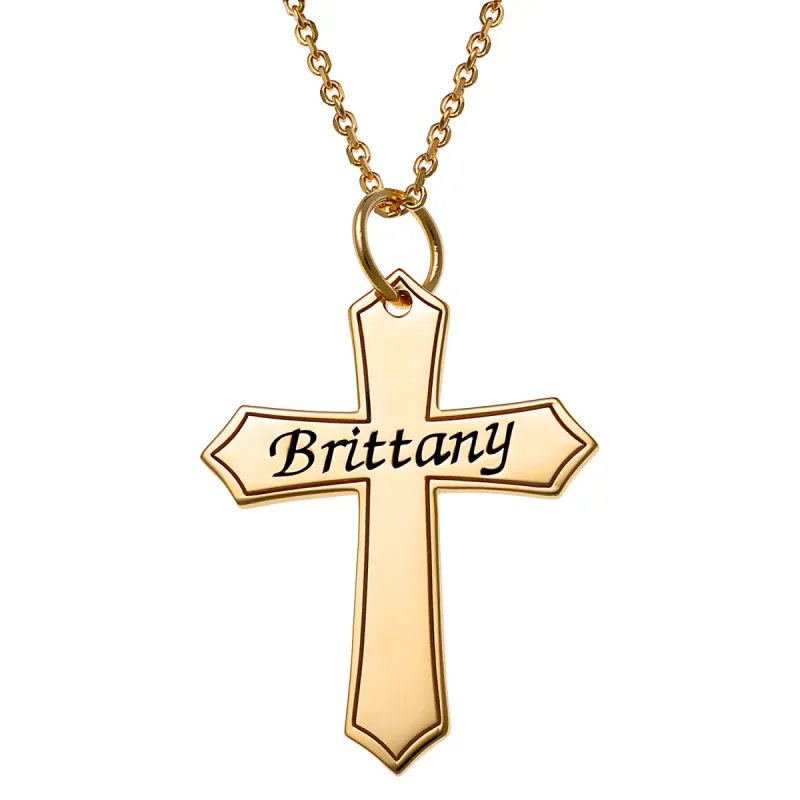 14K Gold over Sterling Engraved Name Cross Necklace sold by Limoges Jewelry