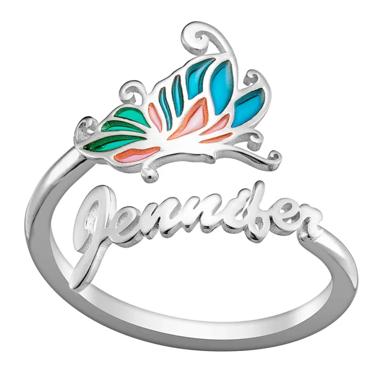 Silver Plated Script Name Bypass Ring with Pink and Blue Enamel Butterfly sold by Limoges Jewelry