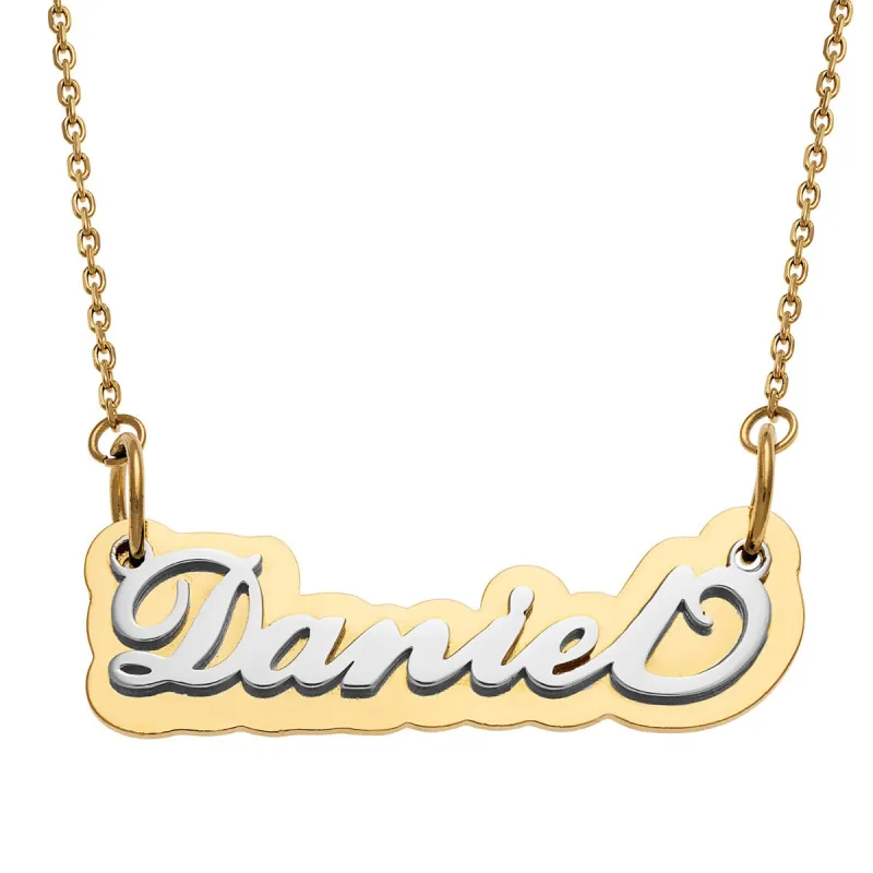 Silver Stainless Steel Name on Mirrored Gold Plaque Necklace sold by Limoges Jewelry