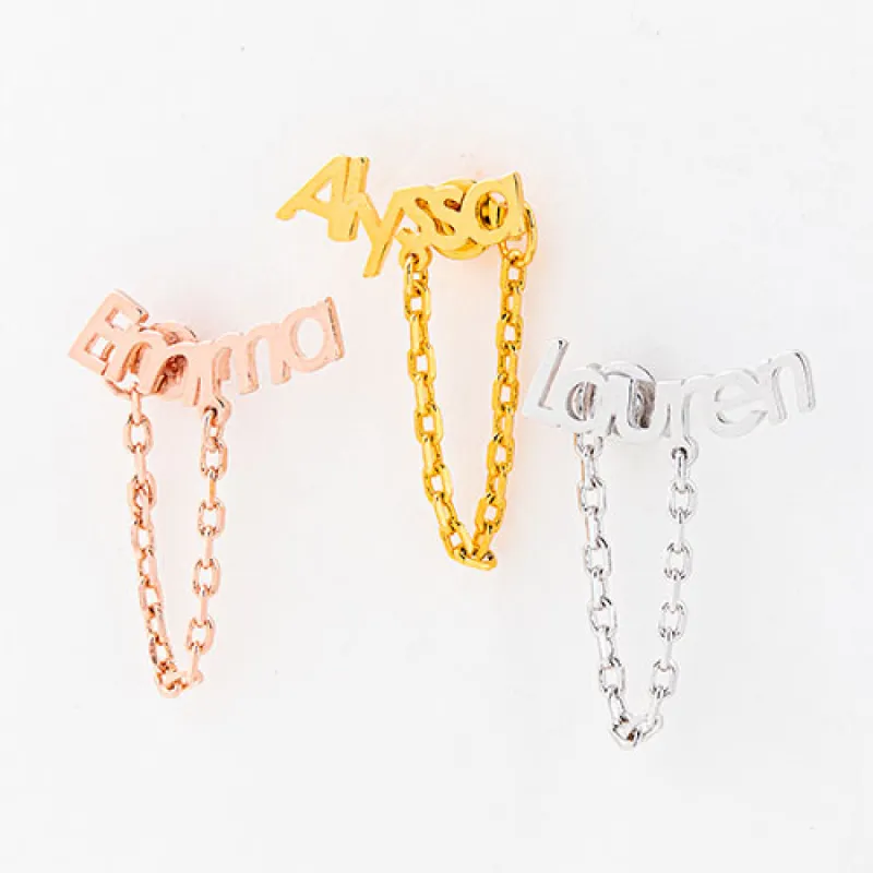 Silver Plated Personalized Name Crawler Button with Chain Loop Earring sold by Limoges Jewelry