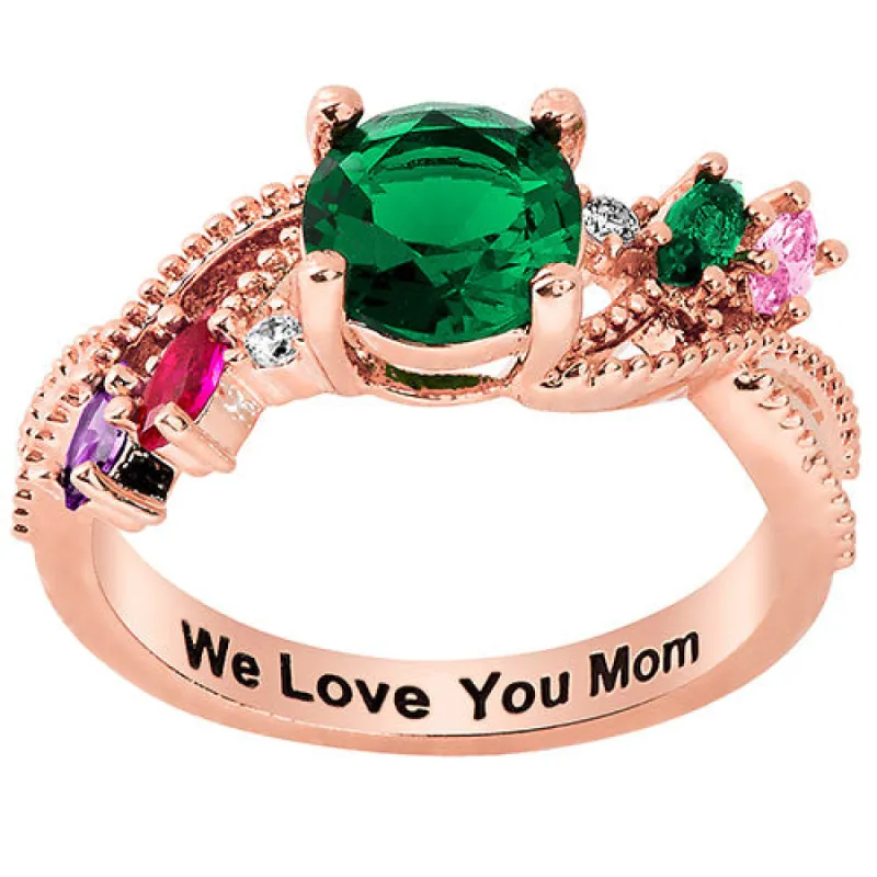 14K Rose Gold Plated Round and Marquise Family Birthstone Ring sold by Limoges Jewelry