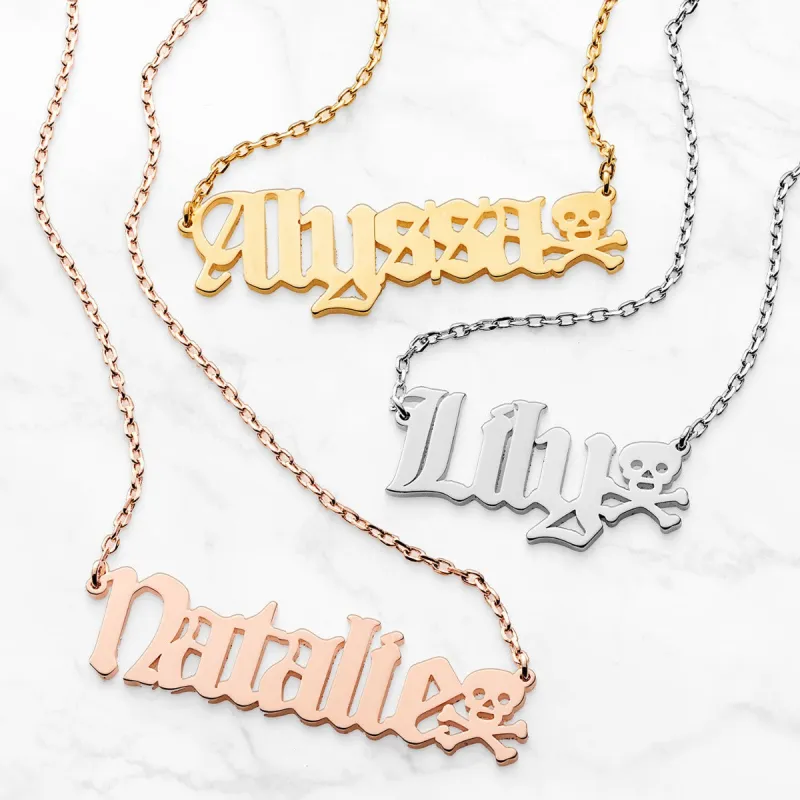 Skull Old English Nameplate Necklace sold by Limoges Jewelry