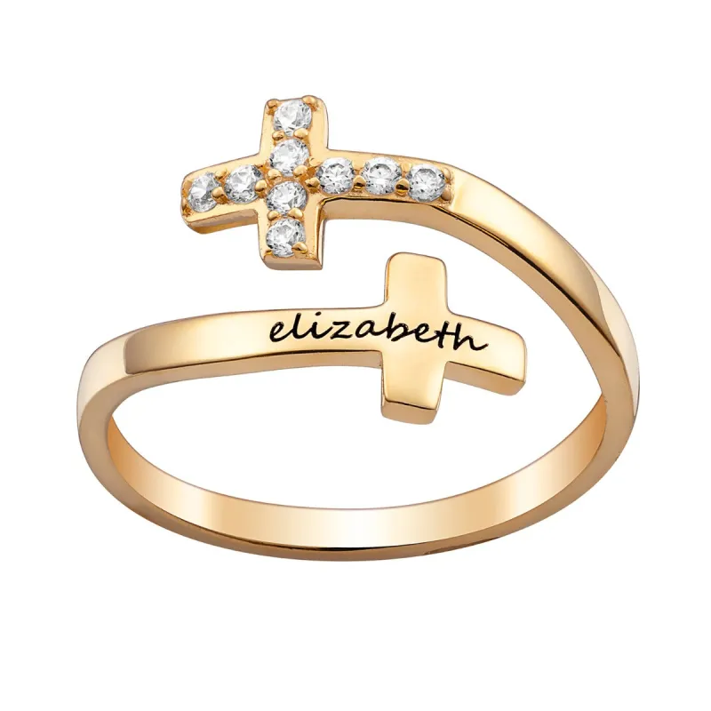 14K Gold over Sterling Engraved Name Double Cross Ring with Crystals sold by Limoges Jewelry