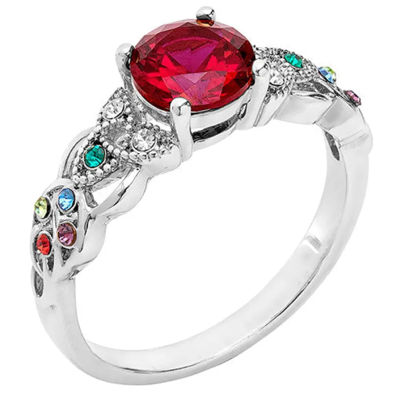 Rhodium Plated Trinity Family Round Birthstone Ring sold by Limoges Jewelry