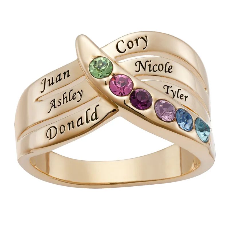 Personalized Family Cross Over Name and Birthstone Ring sold by Limoges Jewelry