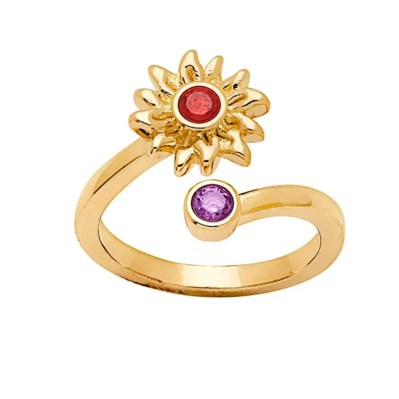 14K Gold Plated Sunflower with Birthstone Bypass Ring sold by Limoges Jewelry