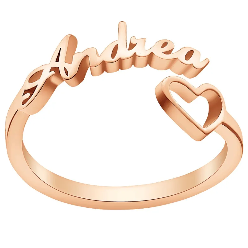 14K Rose Gold Plated Script Name and Open Heart Bypass Ring sold by Limoges Jewelry