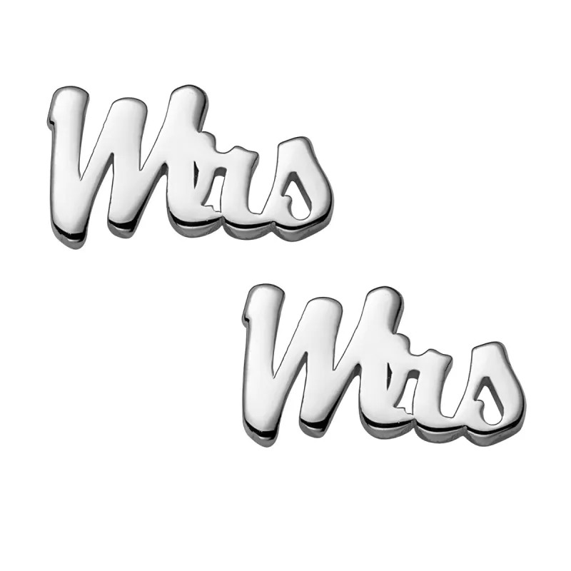 Sterling Silver Script Mrs Button Earrings sold by Limoges Jewelry