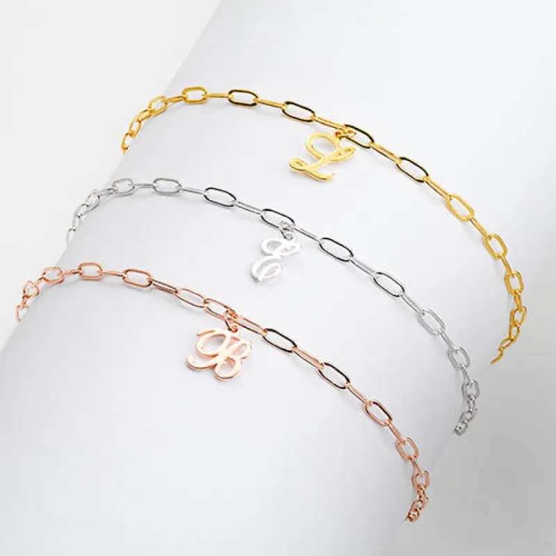 Sterling Silver Script Initial Charm Paperclip Chain Bracelet sold by Limoges Jewelry