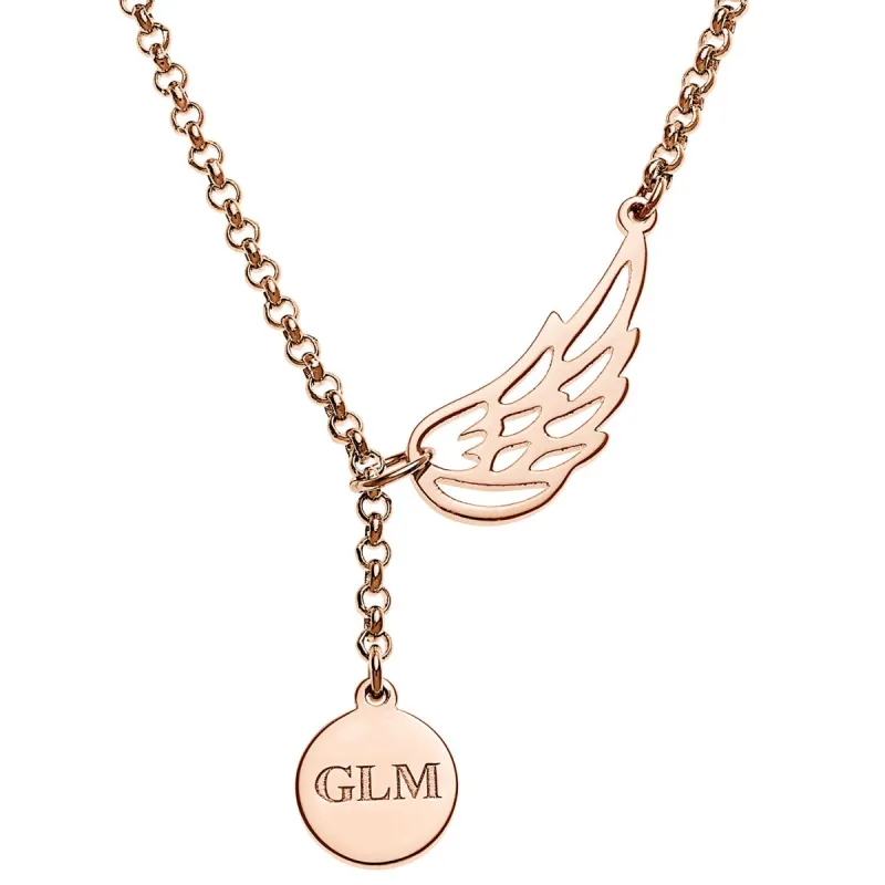 14K Rose Gold Plated Engraved Initials Disc and Angel Wing Y-Necklace sold by Limoges Jewelry