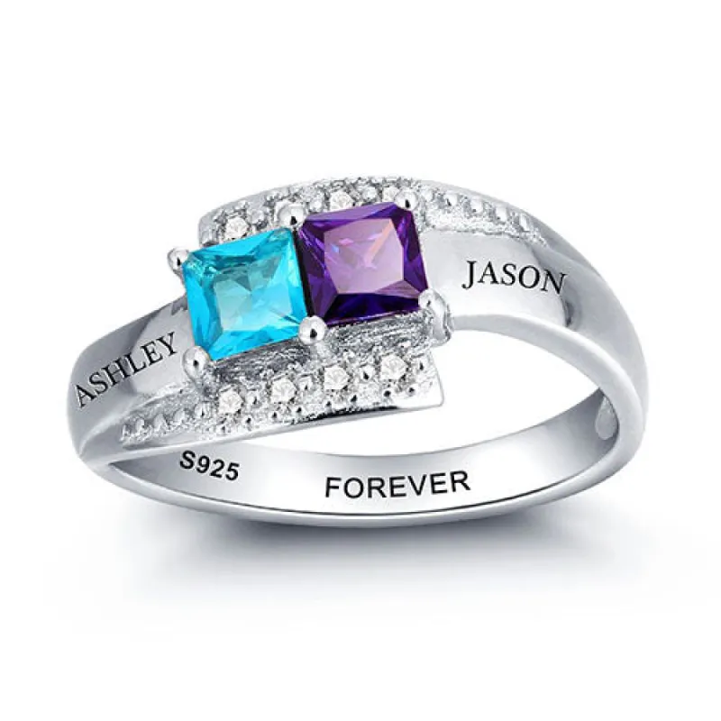 Sterling Silver Engraved Double Square Birthstone and CZ Ring sold by Limoges Jewelry