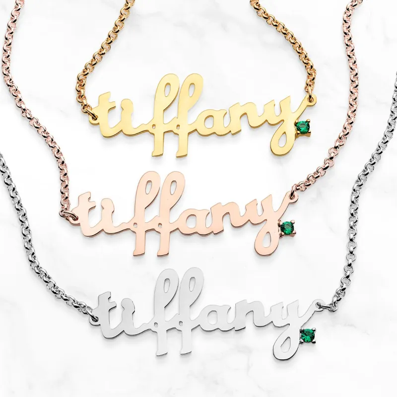 Personalized Lowercase Script Name with Birthstone Accent Necklace sold by Limoges Jewelry