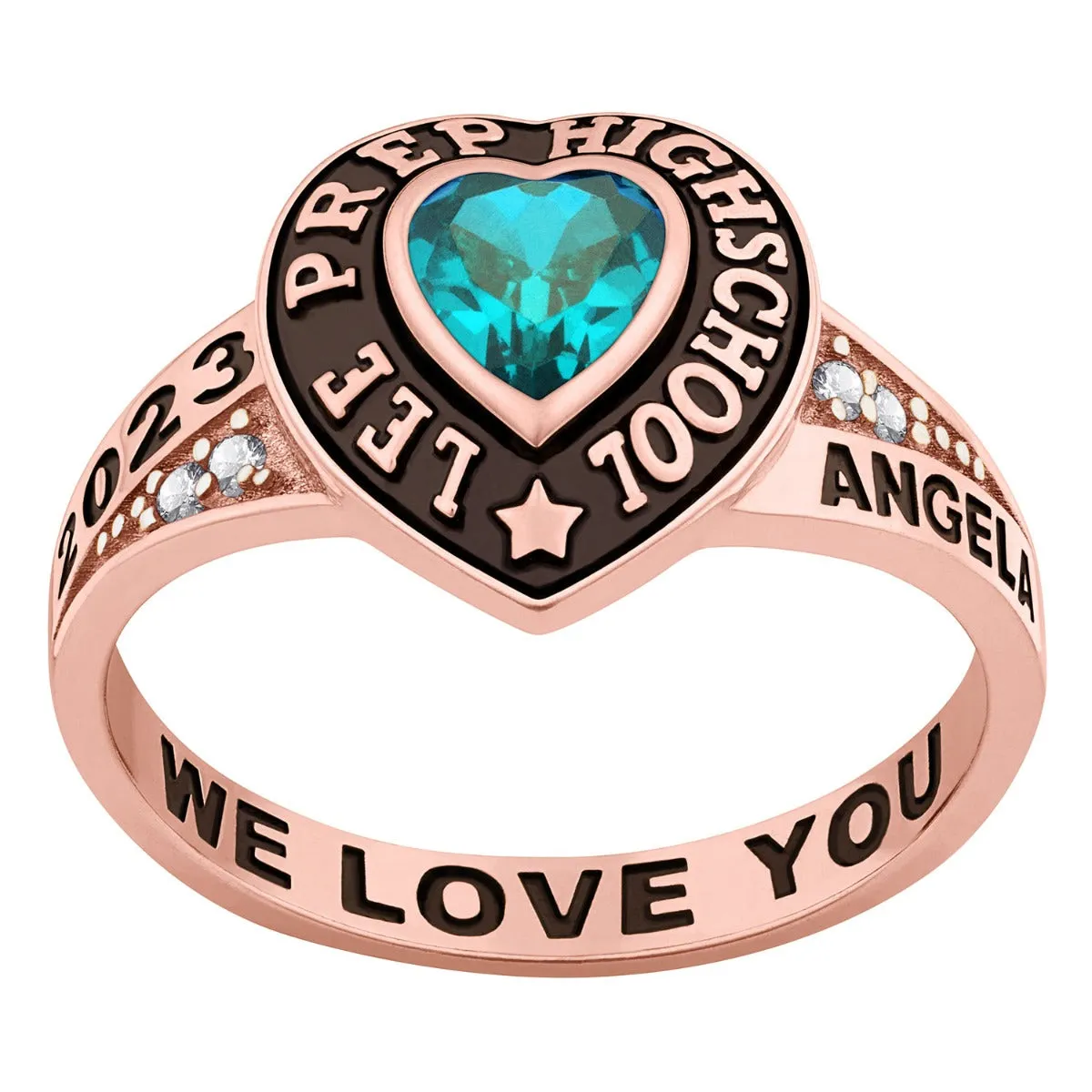 Ladies' 14K Rose Gold over Sterling Traditional Heart Birthstone with CZ Accents Class Ring sold by Limoges Jewelry