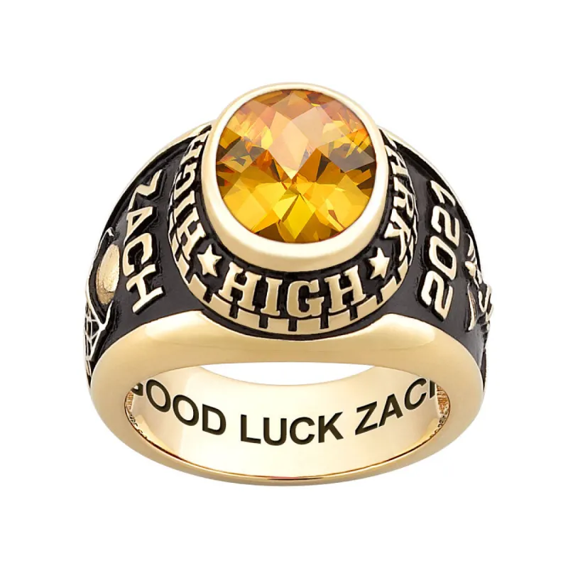 Men's Yellow CELEBRIUM Traditional Oval Checkerboard Birthstone Class Ring sold by Limoges Jewelry