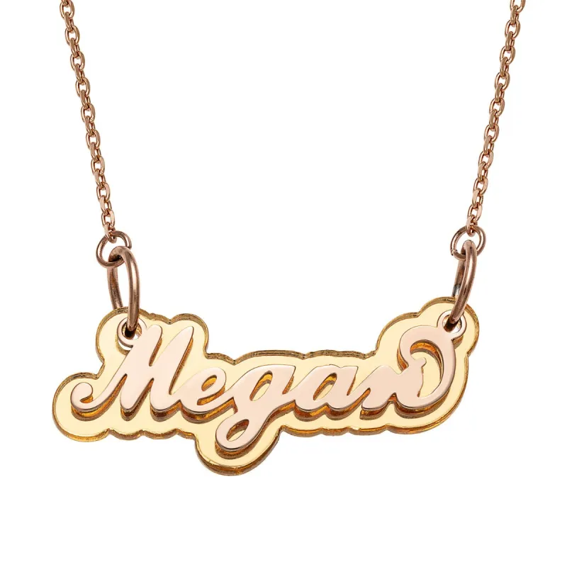 Rose Stainless Steel Name on Gold Reflective Plaque Necklace sold by Limoges Jewelry