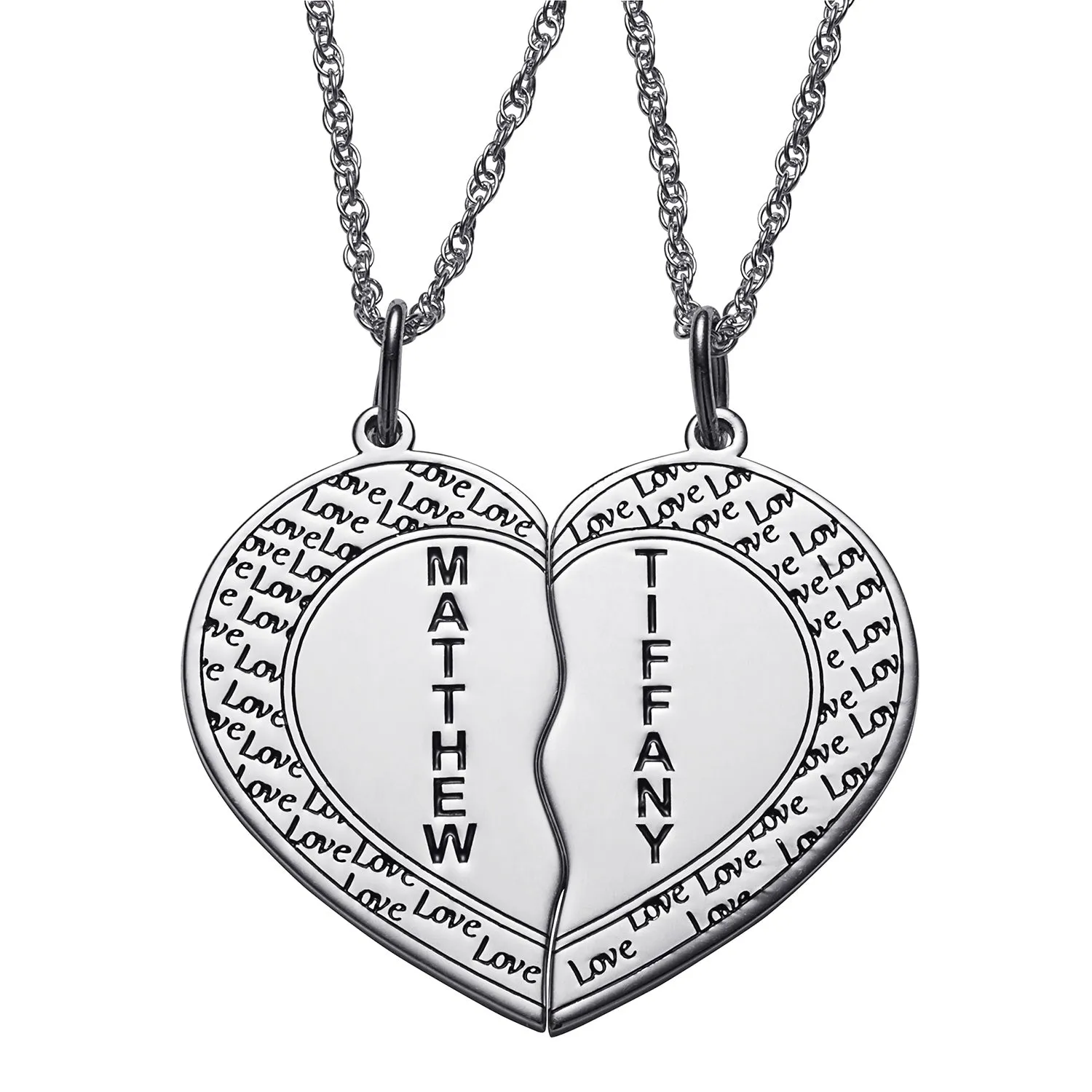 Sterling Silver Couples Name Shareable Heart Necklace sold by Limoges Jewelry