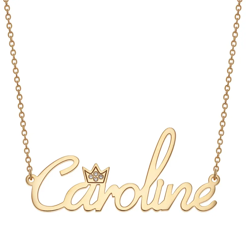 14K Gold over Sterling Name with Clear Crown Necklace sold by Limoges Jewelry