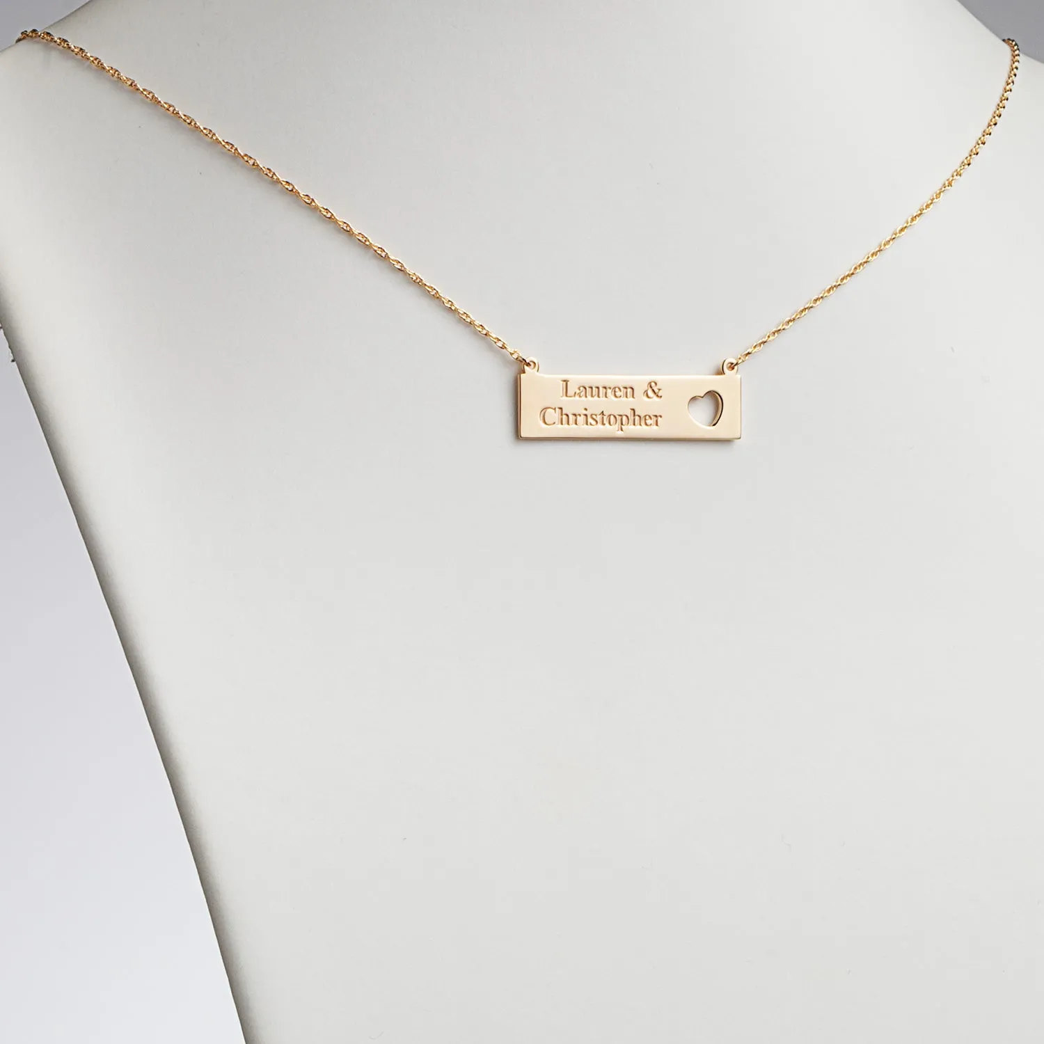 14K Gold over Sterling Personalized Couple's Name with Heart Bar Necklace sold by Limoges Jewelry product image thumbnail 2