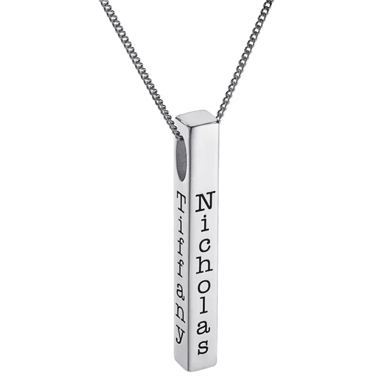 Sterling Silver Vertical 4-Sided Engraved Family Name Pendant sold by Limoges Jewelry