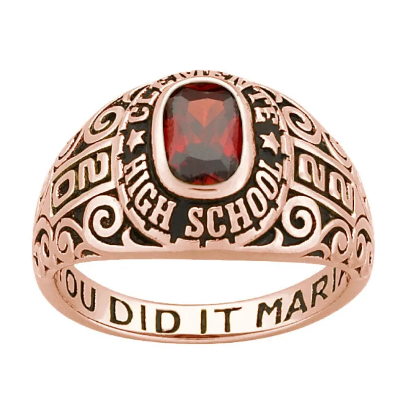 Ladies Rose Gold CELEBRIUM Fancy Scroll Birthstone Class Ring sold by Limoges Jewelry