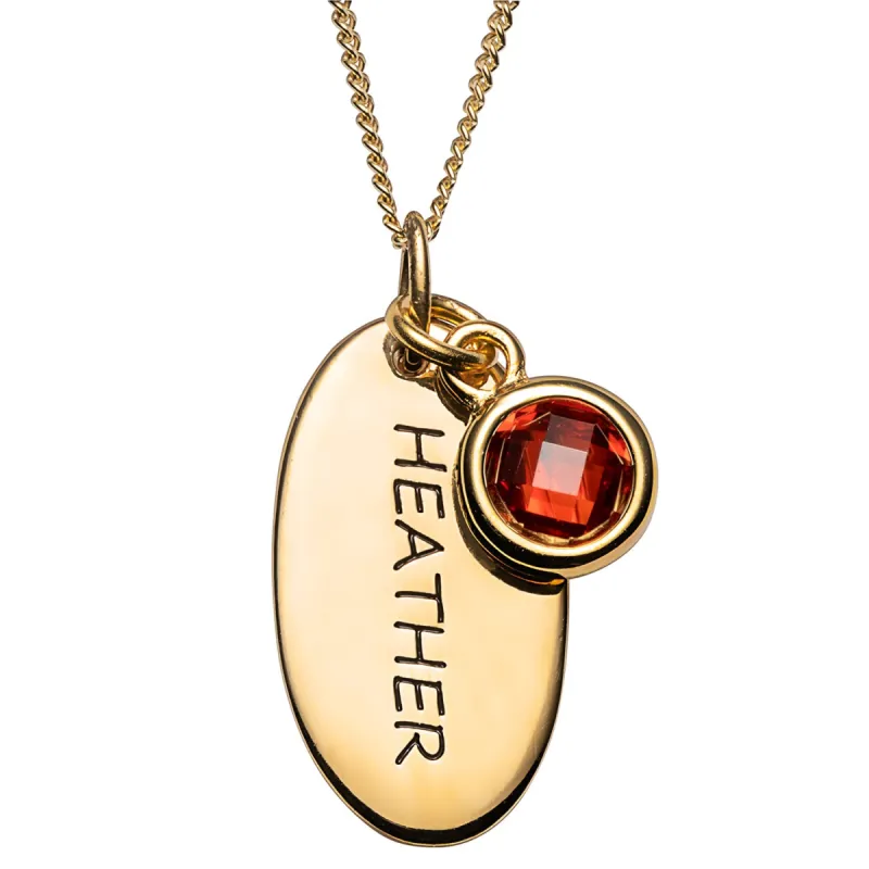 14K Gold over Sterling Engraved Name and Birthstone Oval Tag Pendant sold by Limoges Jewelry