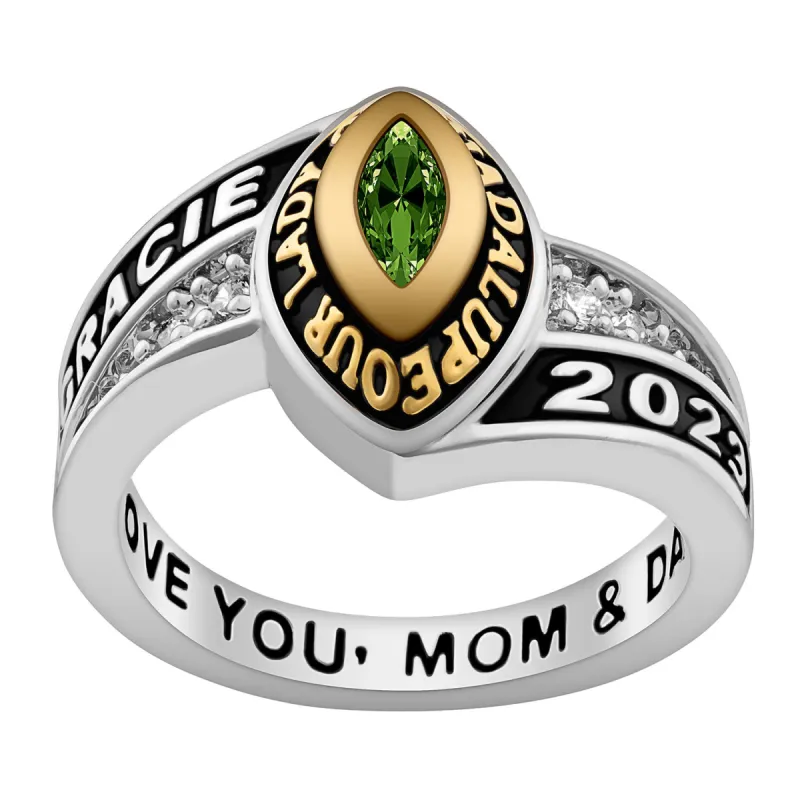 Ladies' Sterling Silver and 14K Gold Plated Marquise Birthstone Class Ring sold by Limoges Jewelry