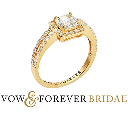 14K Gold over Sterling Halo Square White Topaz Solitaire Engraved Engagement Ring sold by Limoges Jewelry