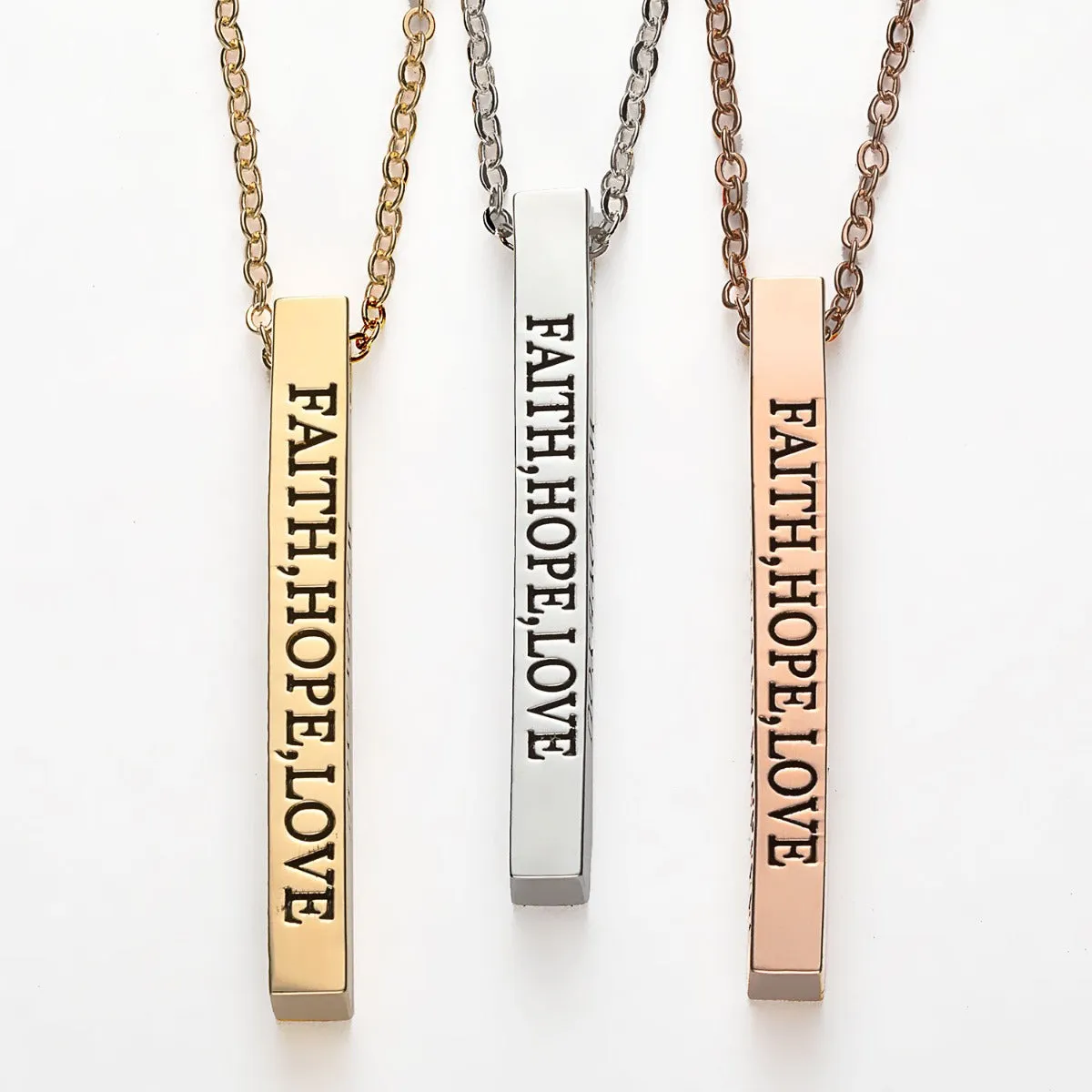 Vertical 4-sided Bar 'Faith, Hope, Love' Engraved Necklace sold by Limoges Jewelry