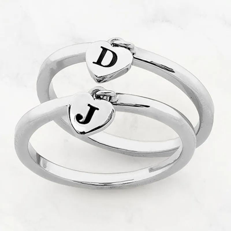 Rhodium Plated Stackable Initial Heart Charm Ring - Set of 2 sold by Limoges Jewelry