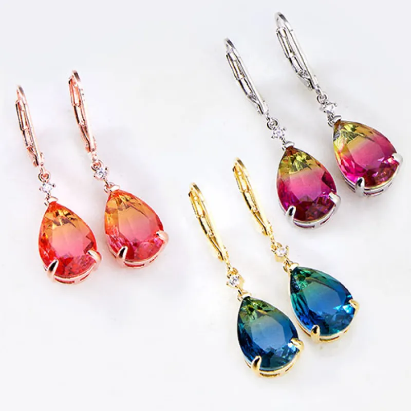 Iridescent Teardrop Stone with CZ Accent Drop Earrings sold by Limoges Jewelry