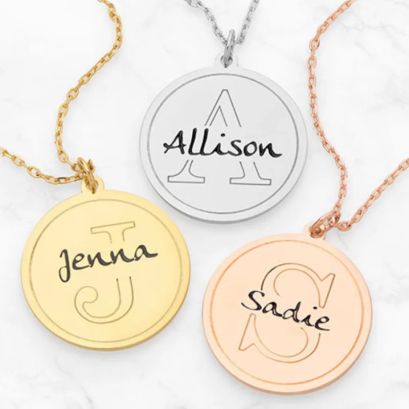 Etched Initial Engraved Name Disc Necklace sold by Limoges Jewelry