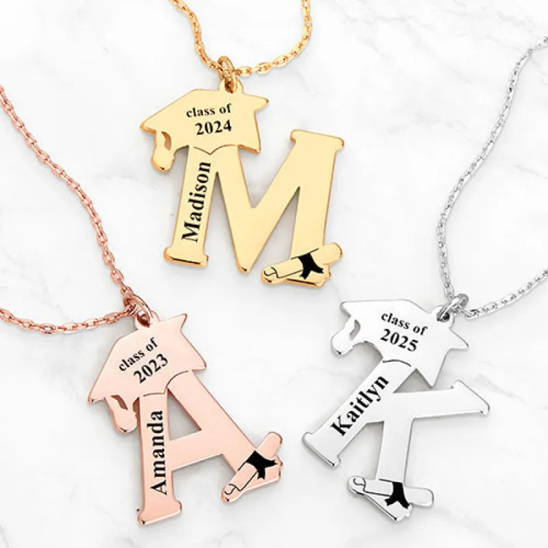 Plated Graduation Cap Initial and Name Necklace sold by Limoges Jewelry