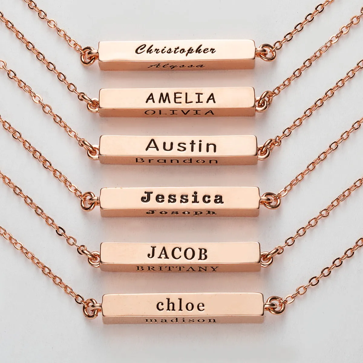 14K Rose Gold Plated Horizontal 4-Sided Engraved Family Name Necklace sold by Limoges Jewelry