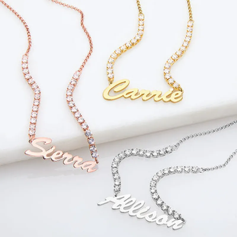 Hollywood Script Name Plaque CZ Chain Necklace sold by Limoges Jewelry