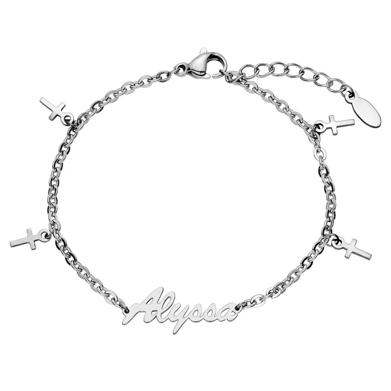 Stainless Steel Name Bracelet with Cross Charms sold by Limoges Jewelry