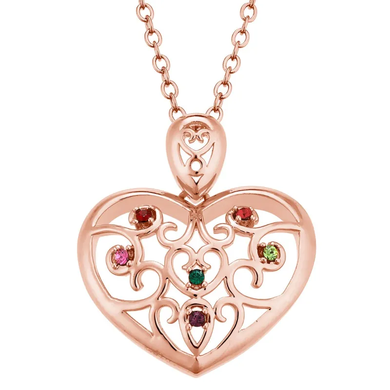 14K Rose Gold Plated Domed Filigree Heart Birthstone Necklace sold by Limoges Jewelry