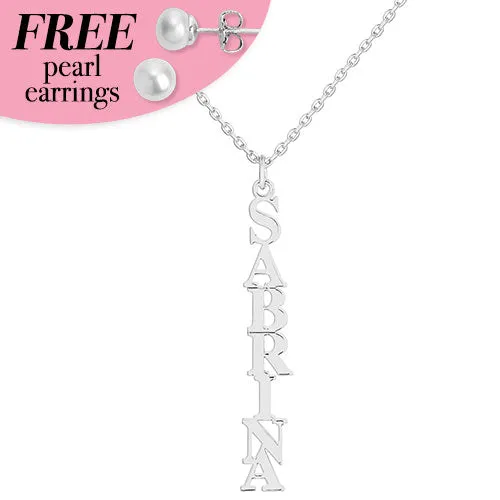 Sterling Silver Vertical Uppercase Name with Free Fresh Water Pearl Earrings sold by Limoges Jewelry