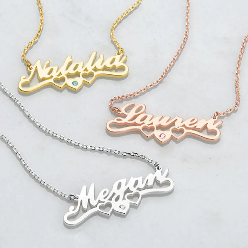 Sterling Silver Script Name with Birthstone Heart Scroll Pendant sold by Limoges Jewelry