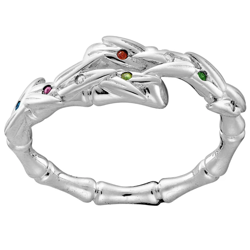 Bamboo with Birthstones Bypass Ring Silver Plated sold by Limoges Jewelry