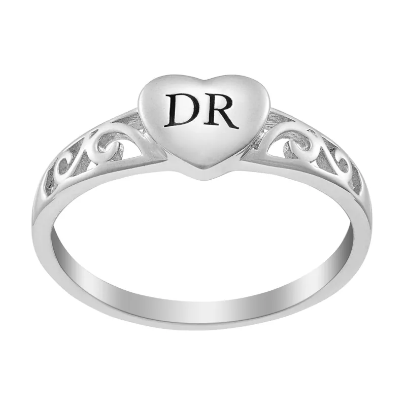 Sterling Silver Initial Heart Swirl Ring sold by Limoges Jewelry