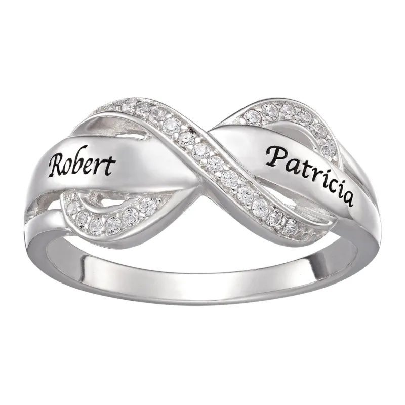Sterling Silver Couples Engraved Name Infinity CZ Ring sold by Limoges Jewelry