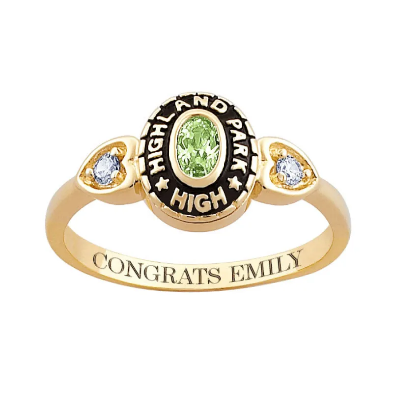 Ladies 14K Gold Plated Traditional Oval Stone & CZ Heart Class Ring sold by Limoges Jewelry