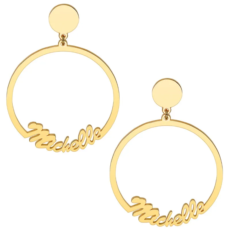 14K Gold Plated Script Name with Circle Dangle Earrings sold by Limoges Jewelry