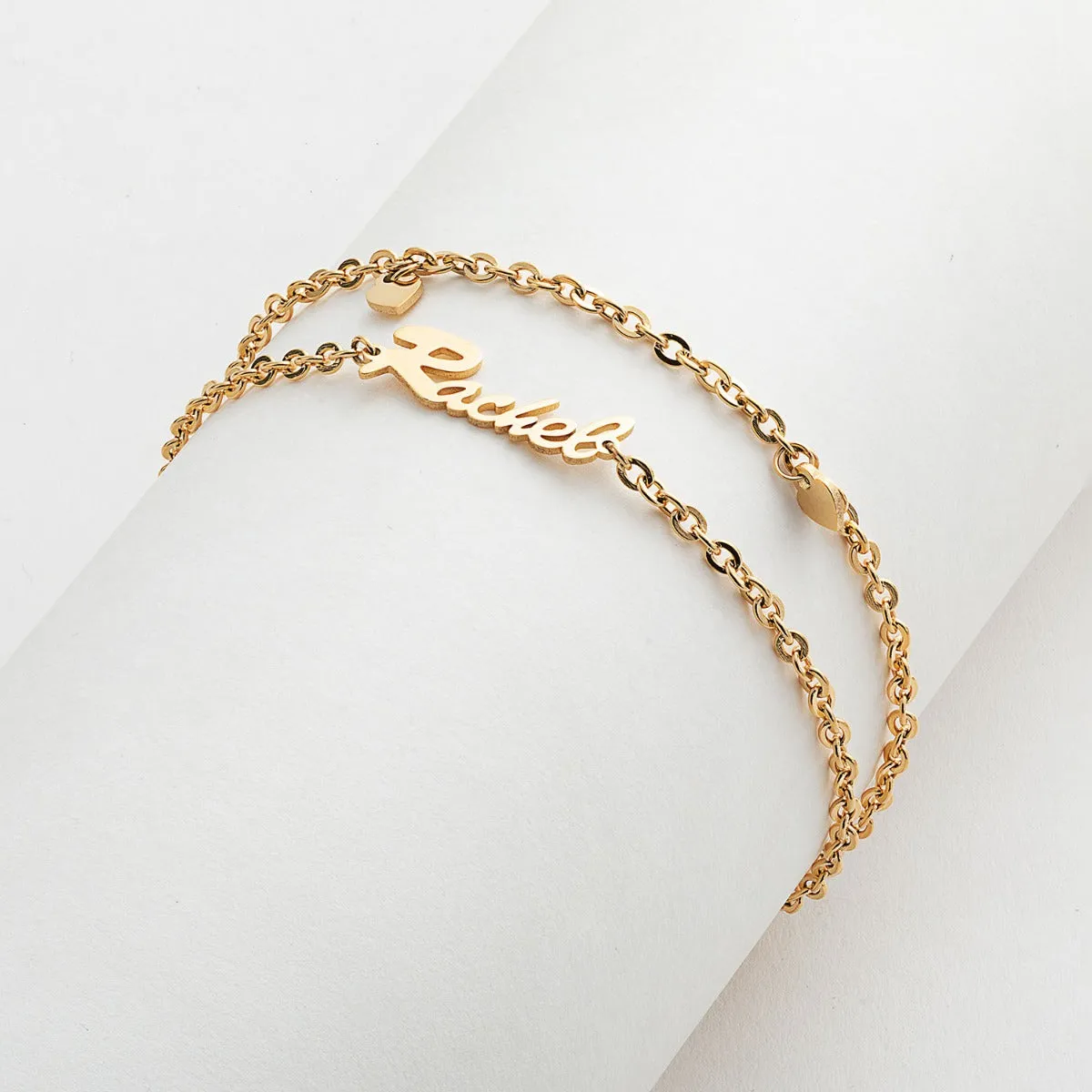 Gold Stainless Steel Double Chain Heart Charm and Name Anklet sold by Limoges Jewelry