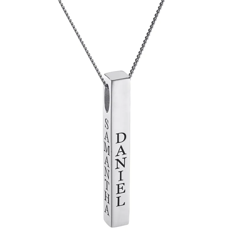 Sterling Silver Vertical 4-Sided Engraved Family Name Pendant sold by Limoges Jewelry